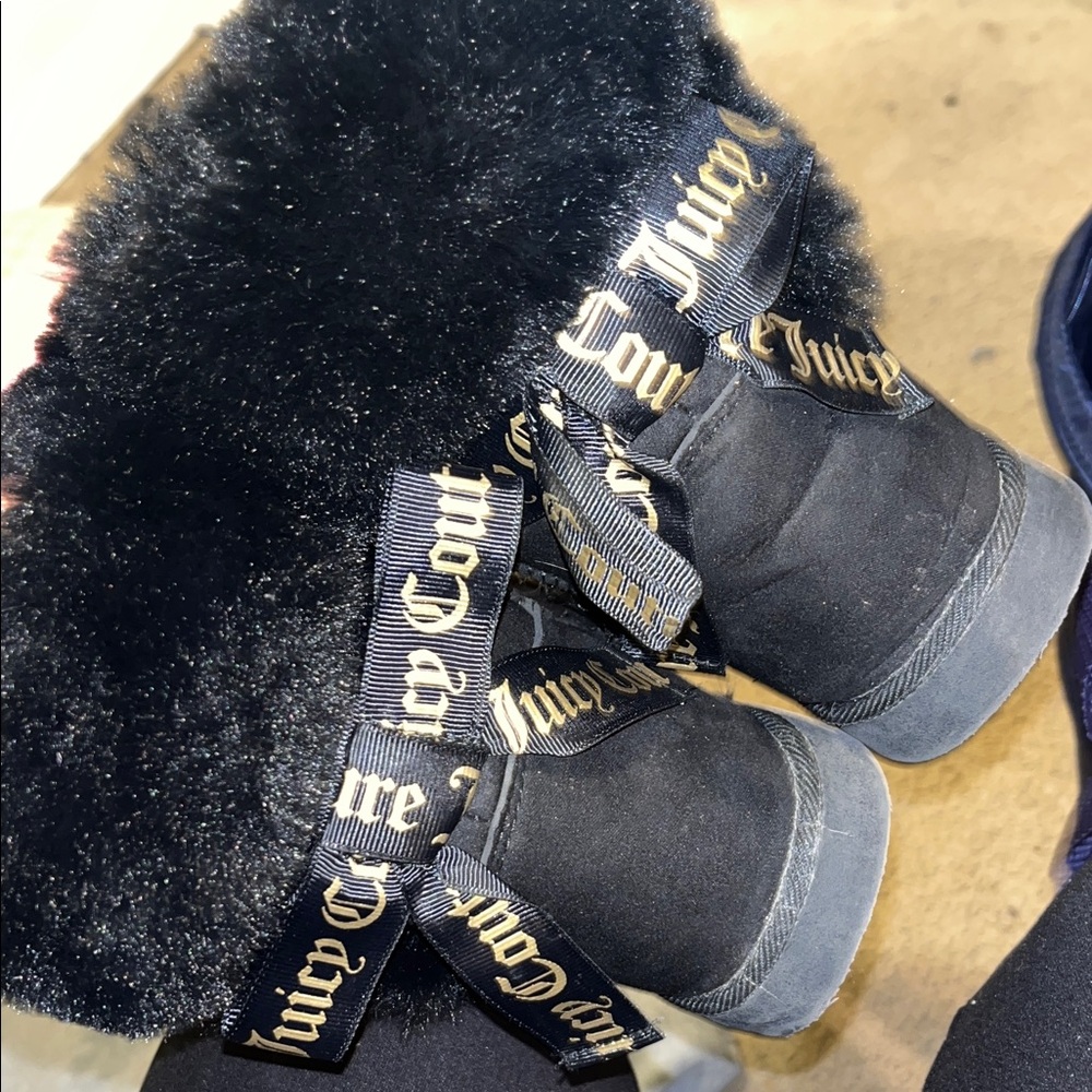 Juicy Couture Black Fur Boots with Gold Accents
